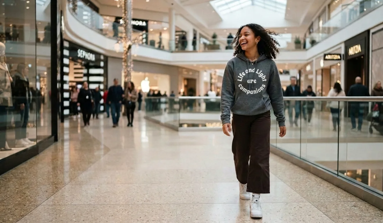 A teenager walking through a shopping mall in a heather grey hoodie reading Life and Light are Companions